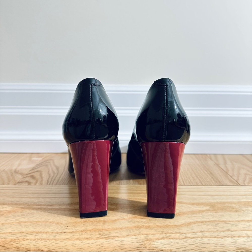 Black and Red Block Heel Pumps with Pointed Toe - Picture 3 of 7